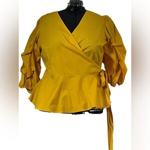 Mustard Gold Wrap Peplum Blouse Tiered Balloon Sleeves Statement Plus 2X NWOT